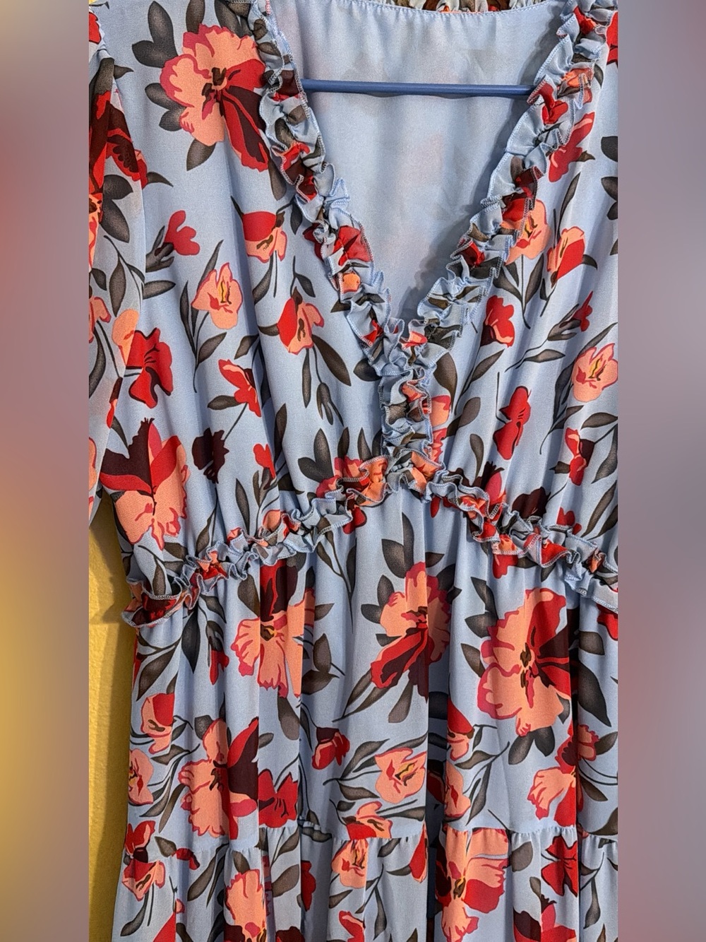 Floral Ruffle V-Neck Women’s Top — Light Blue with Coral Floral